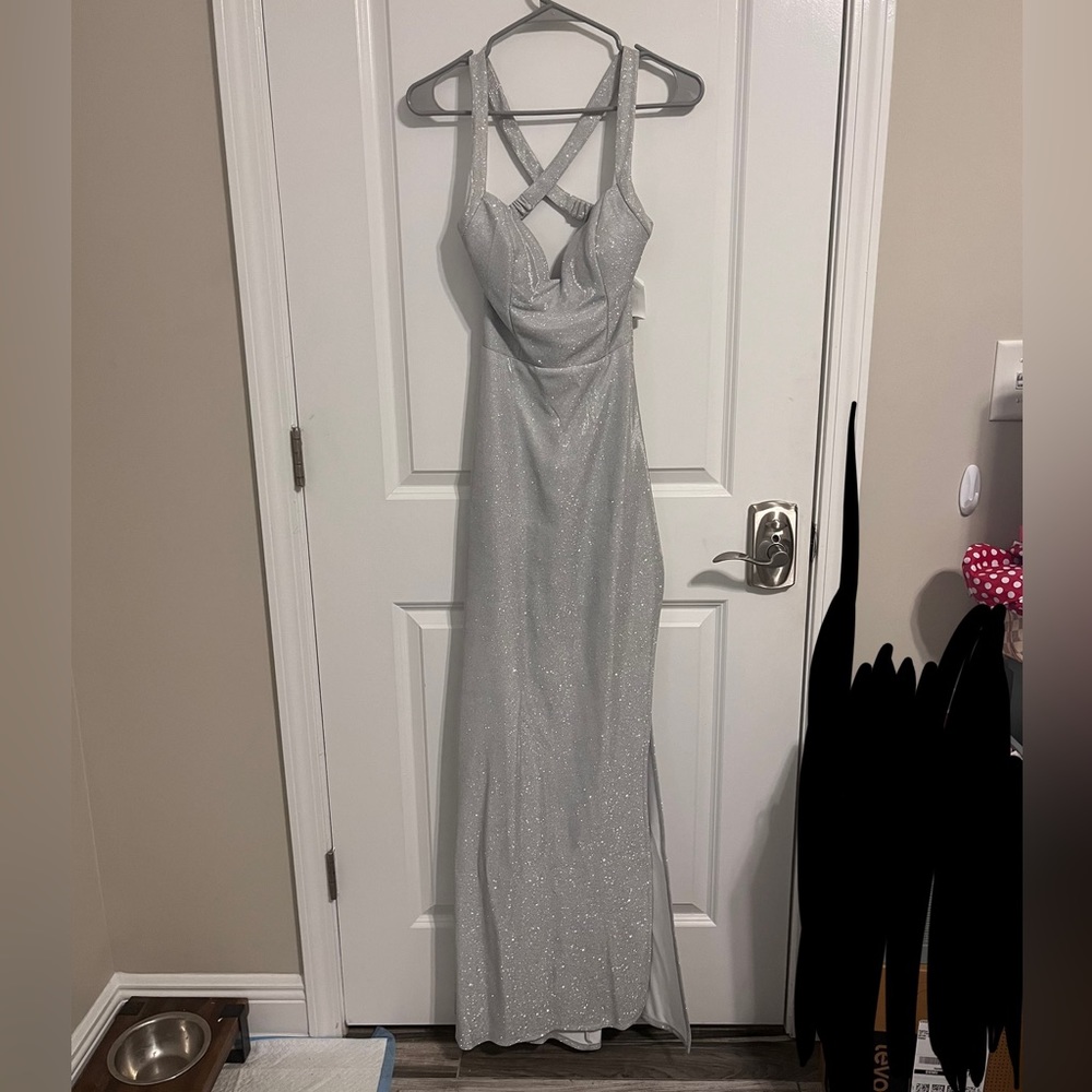 Silver Shimmer Long Formal Dress with Strappy Open Back